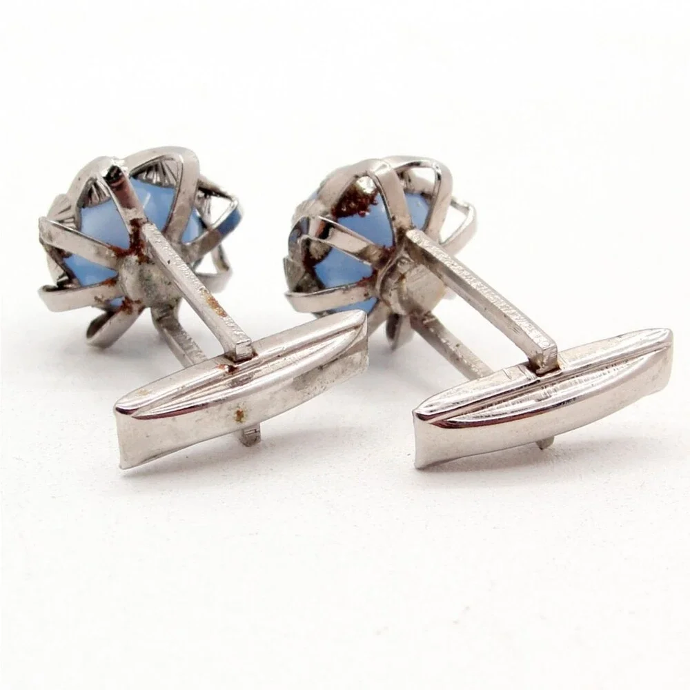 Vintage Silver Blue Moonglow Cabochon Glass Ginkgo Biloba Leaf Cufflinks MCM